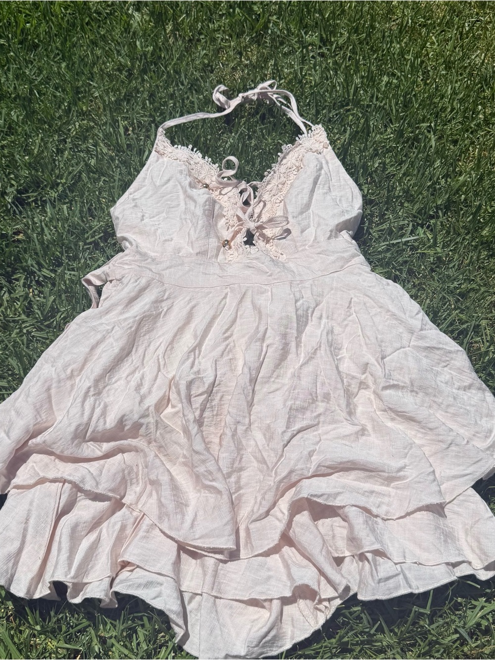 Simple Light Pink Lace-Trim Halter Sundress
